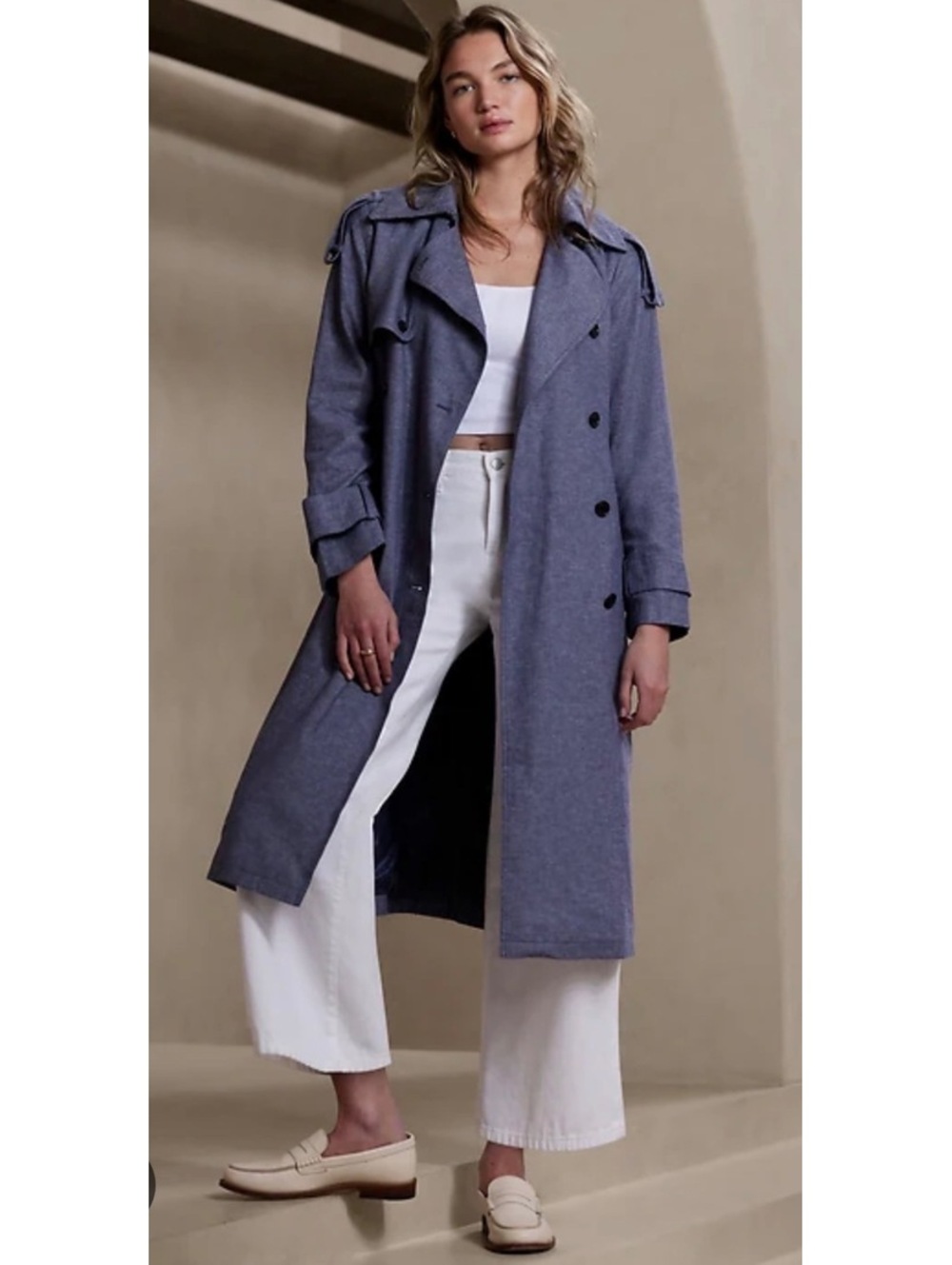 Banana Republic Herringbone Linen Cotton Trench Coat Blue Women’s L NWOT